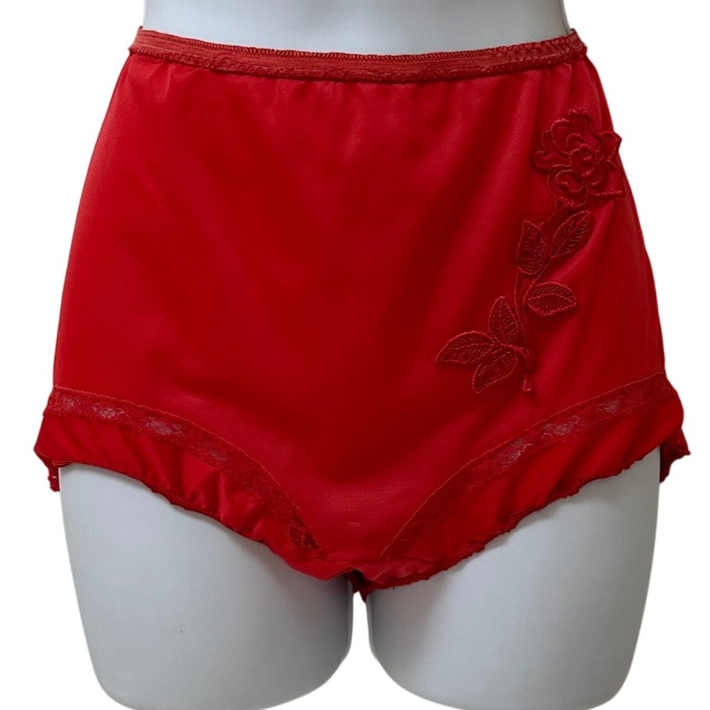 Vintage Gaymode Red High Waisted Briefs Embroidered Rose Lace Trim Size 34 Panty
